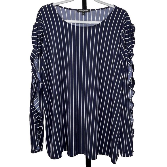 Banana Republic XXL Ruffle Split Sleeve Blouse Navy Pinstripe Stretch Top Career - Picture 1 of 6